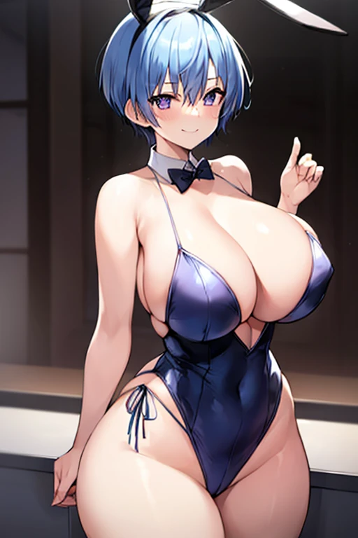 1girl, blue hair, very short hair, light blue hair, purple eyes, black bunnysuit, bunnysuit, black leotard, pantyhose, large breasts, thick thighs, smile, hourglass figure, rabbit ears, bunny ears, mature female, tall, tall fale, eyepatch, ((eyepatch))