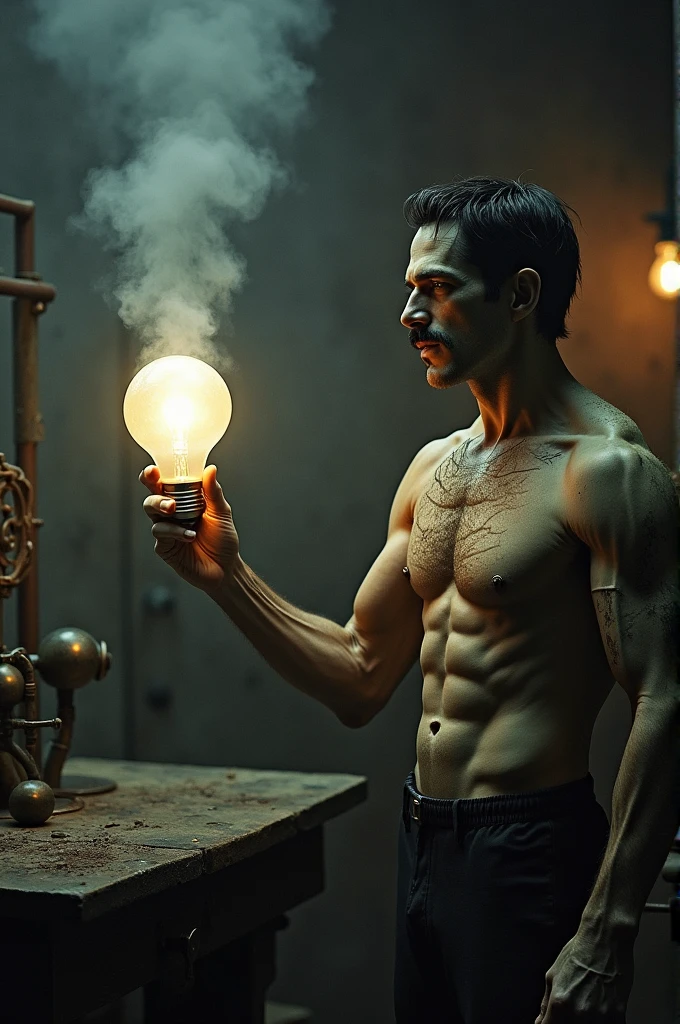 In a laboratory setting, imagine Frankenstein in a cage, muscular and naked. ,and on the outside is Nikola Tesla with a mustache and black hair , Michael Faraday with his slightly long white hair,Nikola Tesla is talking to a light bulb in his hand.   ,Make Nikola Tesla and Michael Faraday appear in the image,