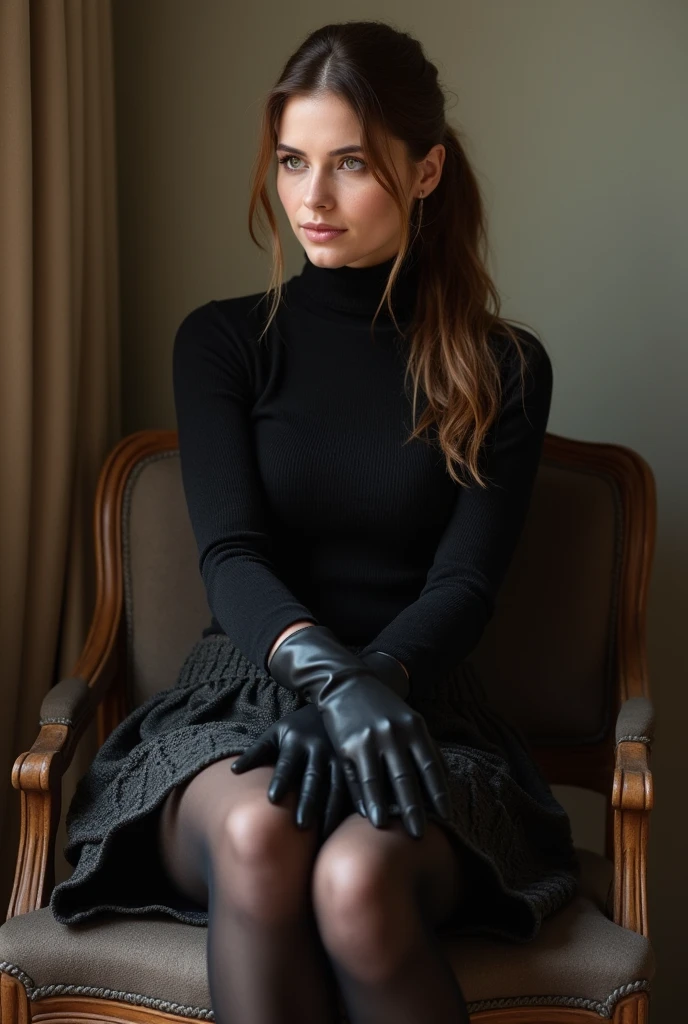 brown hair、ponytail、cute face、 she wears a turtleneck and a skirt.、black pantyhose、sitting on a chair with crossed legs、Wearing black lace gloves、wearing boots、adult german woman、full body portrait、indoor.、