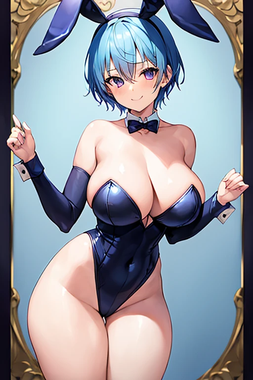 1girl, blue hair, very short hair, light blue hair, purple eyes, black bunnysuit, bunnysuit, black leotard, pantyhose, large breasts, thick thighs, smile, hourglass figure, rabbit ears, bunny ears, mature female, tall, tall fale, eyepatch, ((eyepatch))