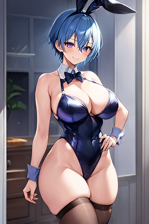 1girl, blue hair, very short hair, light blue hair, purple eyes, black bunnysuit, bunnysuit, black leotard, pantyhose, large breasts, thick thighs, smile, hourglass figure, rabbit ears, bunny ears, mature female, tall, tall fale, eyepatch, ((eyepatch))