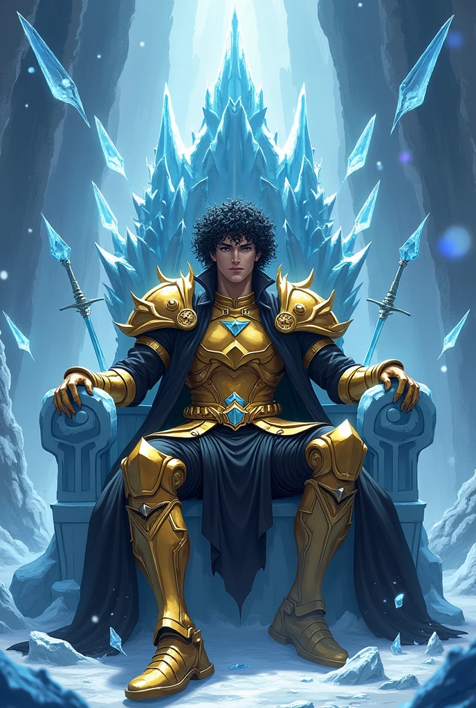 Photo realistic Anime Guy Ice King sitting on a Ice throne, black curly hair, light brown skin, with dark brown eyes. Golden armor with black details. Royal aura with ice swords and spears around. Bad boy face