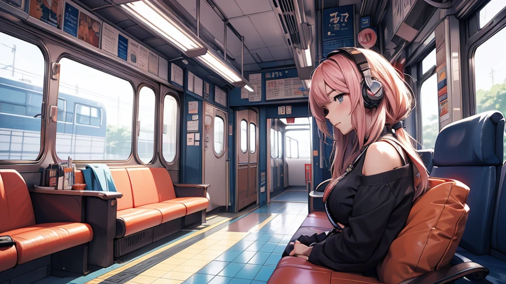 A woman wearing headphones, Anime Style 4 k, anime wallpaper 4k, anime wallpaper 4k, 4k anime wallpaper, anime art wallpaper 4k, anime art wallpaper 4k, Anime Style. 8k, Anime atmosphere, Ultra HD Anime Wallpaper, Anime Art Wallpaper 8K, Anime Background、train、trainの中、trainに乗っている、train、trip