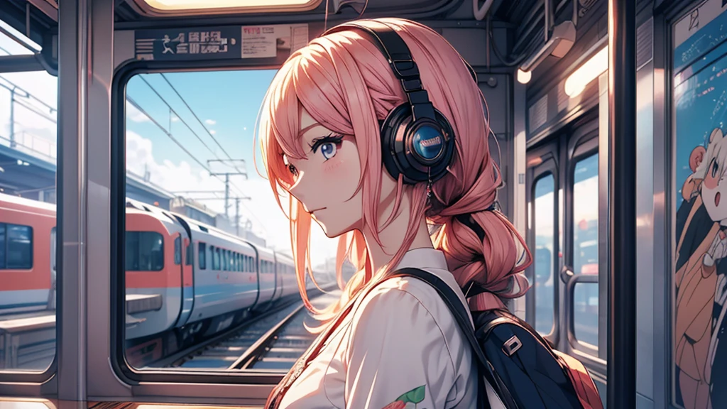 A woman wearing headphones, Anime Style 4 k, anime wallpaper 4k, anime wallpaper 4k, 4k anime wallpaper, anime art wallpaper 4k, anime art wallpaper 4k, Anime Style. 8k, Anime atmosphere, Ultra HD Anime Wallpaper, Anime Art Wallpaper 8K, Anime Background、train、trainの中、trainに乗っている、train、trip