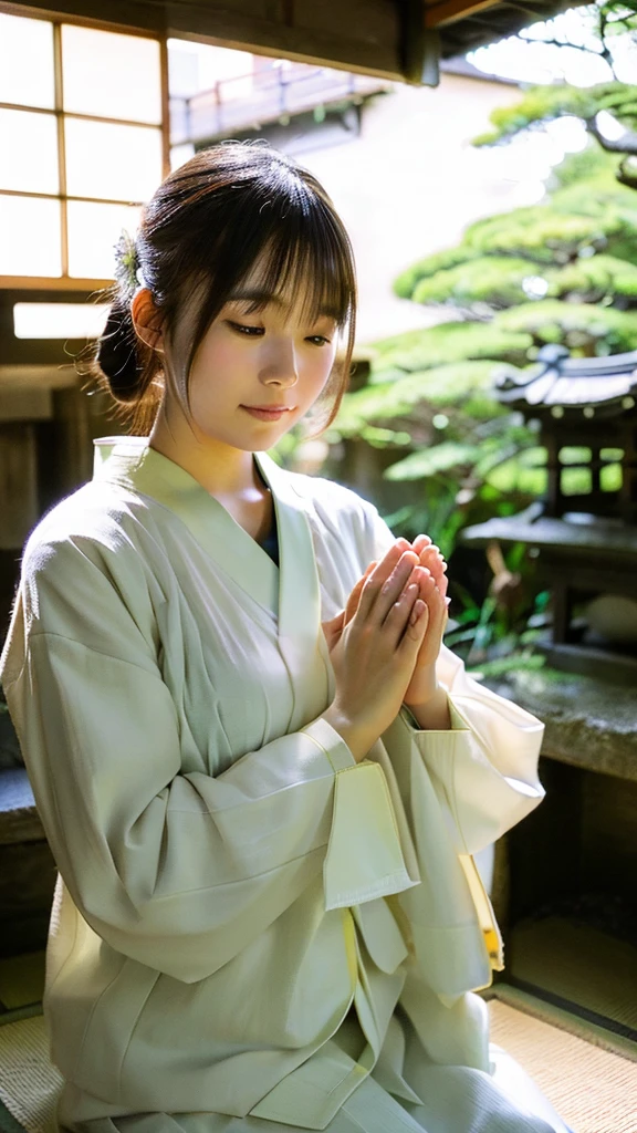 (​masterpiece、high-level image quality、hightquality)、(Beautiful realistic Japan woman:1.5、Beautie:1.4)、yukata、Midsummer、、Woman praying with her hands together、Beautiful limbs、Wear warm clothes、23years old、White breath、(Beautiful limbs)、sacred mountain、Visiting graves、I am praying、Hands together、Visit to a shrine、Visiting graves