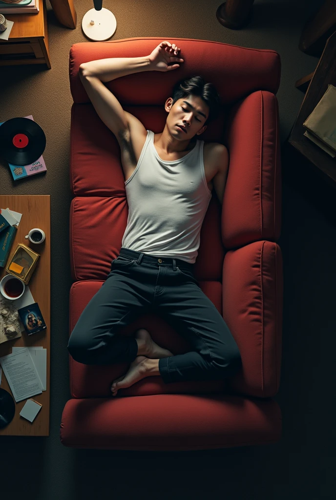 A young man lies in a saw on a worn-out red sofa in a dimly lit room. His right arm is stretched over a cluttered coffee table filled with remnants of a late-night session—books, vinyl records, empty plates, and scattered notes. The scene is chaotic yet intimate, capturing a moment of exhaustion and introspection. The dim light filters through the room, casting soft shadows that blend with the mess, creating a feeling of solitude. The man, dressed in a simple white tank top and dark pants, appears lost in a deep sleep or perhaps deep in thought, disconnected from the world around him. The overhead view gives a sense of distance, as if observing from above, adding to the overall mood of quiet contemplation."