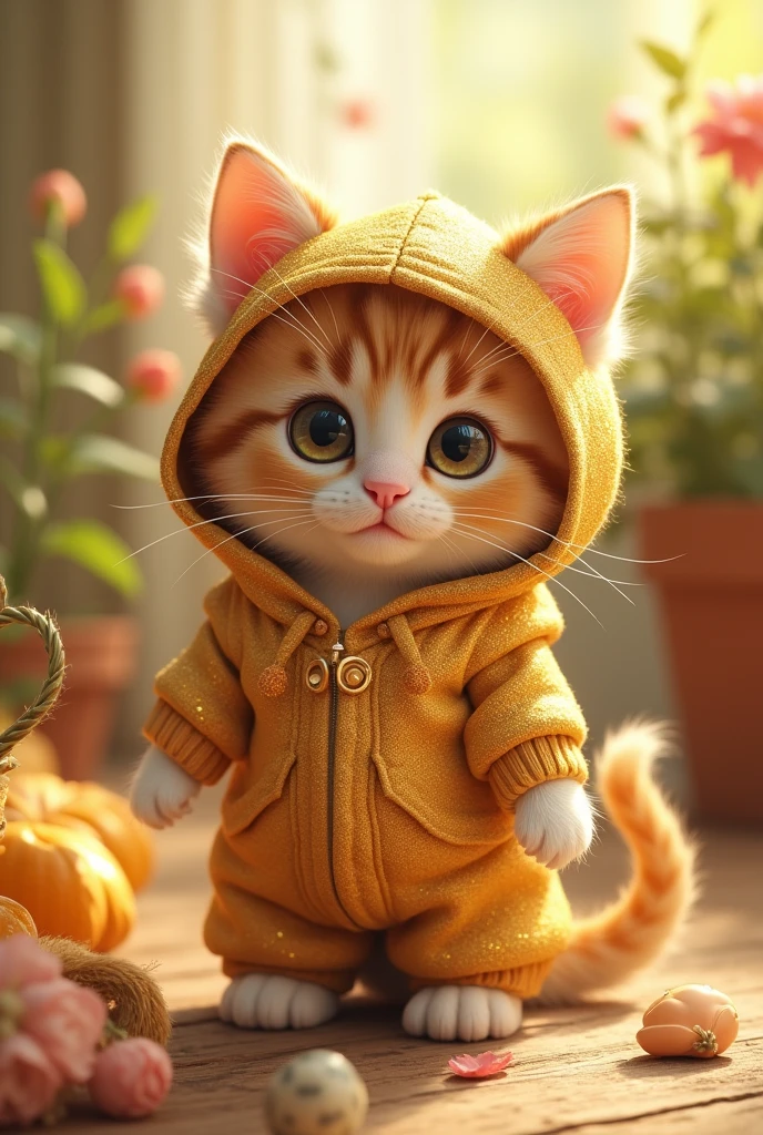 A cute kitten with a cute background And dressed in gold that is very cute