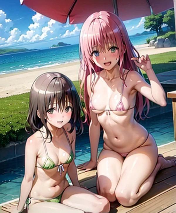 (Highest quality), (masterpiece), high resolution, Realistic texture, close,Beach、Extremely small sexy micro bikini、2people、
, momo velia deviluke & yuuki mikan、 Playing innocently、,, (Big Breasts), , , (blush:1.2), smile,smile、Open your mouth、yuuki mikan、
、On all fours、Shooting from behind、looking at the camera、whole body、Emphasize the chest