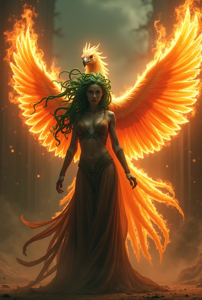 Medusa stands firm, looking straight ahead. Her hair is full of green snakes that stand out clearly, And her expression projects a fearsome figure, Powerful and bold. About her, A majestic phoenix flies with its wings fully extended, Made of vibrant fire, Symbolizing her rebirth. The phoenix is in its entirety, Showing the distinctive crest on her head. The scene is illuminated by dramatic lights that highlight both beings: Medusa as a figure of intimidation and strength, And the phoenix as a radiant symbol of light and fire.
To the phoenix with fire. El fénix con más fuego y que se vea 🗣️‼️ MAS FUEGOOOO MUCHO MAS FUEGOOOOO