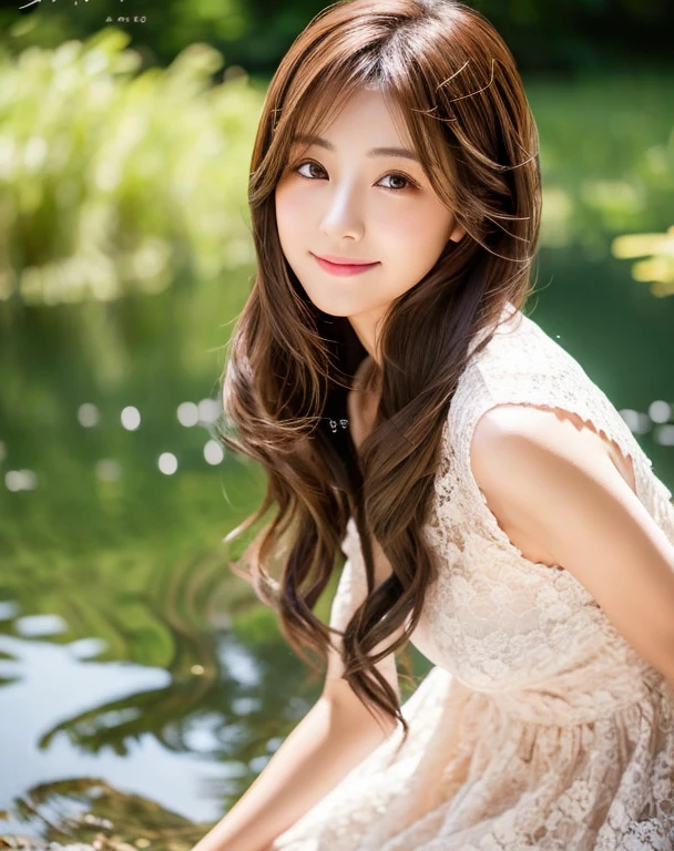 beautiful japanese woman　fine hair with complex colors　brown hair　long hair　delicate and beautiful eyes　smooth soft skin　gentle smile　white lace dress　standing on a small river　Asahi　professional photographer　professional lighting