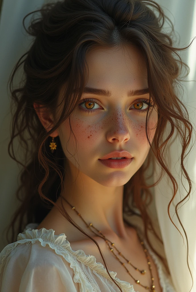 Tall, fair complexion, medium skin-tone,freckles, amber colored eyes, brown hair, wild curly or wavy hair girl