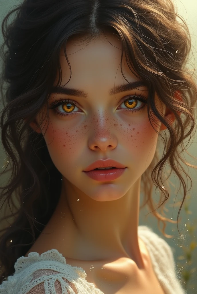 Tall, fair complexion, medium skin-tone,freckles, amber colored eyes, brown hair, wild curly or wavy hair girl