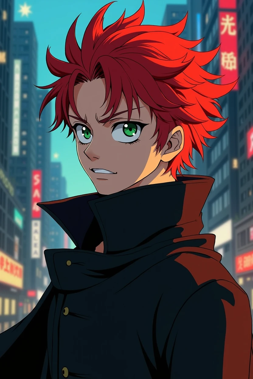 A 19 year old young man, 1,80m, with exaggerated and expressive features typical of One Piece. Your skin is clear, and he has voluminous red hair, Disheveled. His large green eyes turn a bright orange when his dark personality appears, with an otherworldly intensity. His face is angular and striking, reflecting youth and determination. He wears a long black cape that flows dramatically, adding a touch of mystery and impressiveness.
Split Personality:
Normalmente, He's quiet and introspective, with a serious expression. When his other personality emerges, he becomes wild and unpredictable, with a fierce gaze and a menacing smile, typical of the caricatured and dynamic style of One Piece.
Scenario (Anime Style - One Piece ):
Imagine him in a stylized and vibrant city, with exaggerated architecture and dramatic contrasts between deep shadows and neon lights, capturing the energy and adventurous spirit of One