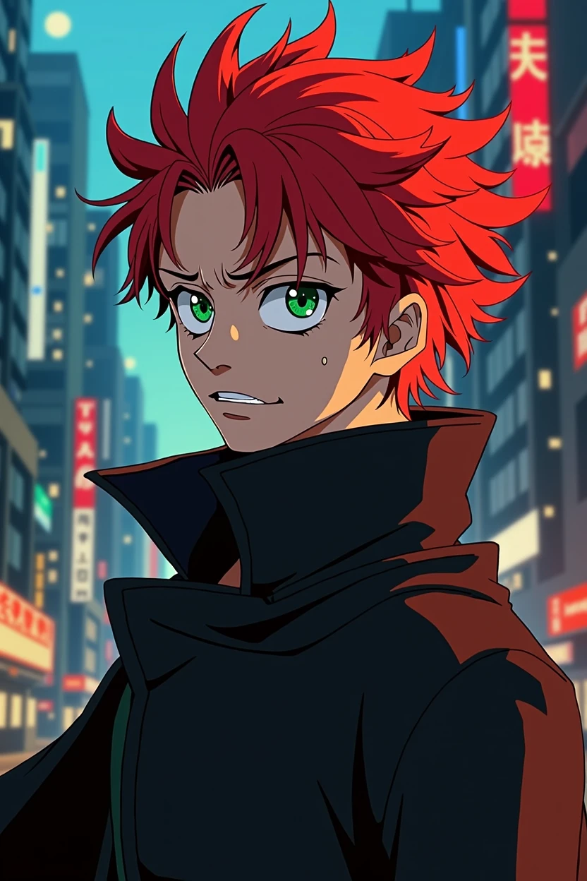 A 19 year old young man, 1,80m, with exaggerated and expressive features typical of One Piece. Your skin is clear, and he has voluminous red hair, Disheveled. His large green eyes turn a bright orange when his dark personality appears, with an otherworldly intensity. His face is angular and striking, reflecting youth and determination. He wears a long black cape that flows dramatically, adding a touch of mystery and impressiveness.

Split Personality:

Normalmente, He's quiet and introspective, with a serious expression. When his other personality emerges, he becomes wild and unpredictable, with a fierce gaze and a menacing smile, typical of the caricatured and dynamic style of One Piece.

Scenario (Anime Style - One Piece ):

Imagine him in a stylized and vibrant city, with exaggerated architecture and dramatic contrasts between deep shadows and neon lights, capturing the energy and adventurous spirit of One 