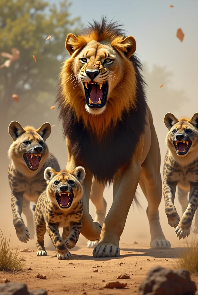 A lion fighting with three hyenas protecting its cub.