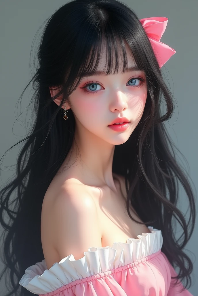 white woman with long black hair, bangs, blue eyes, pink bow in her hair, neutral expression, photo showing only her bust, white and pink clothes
