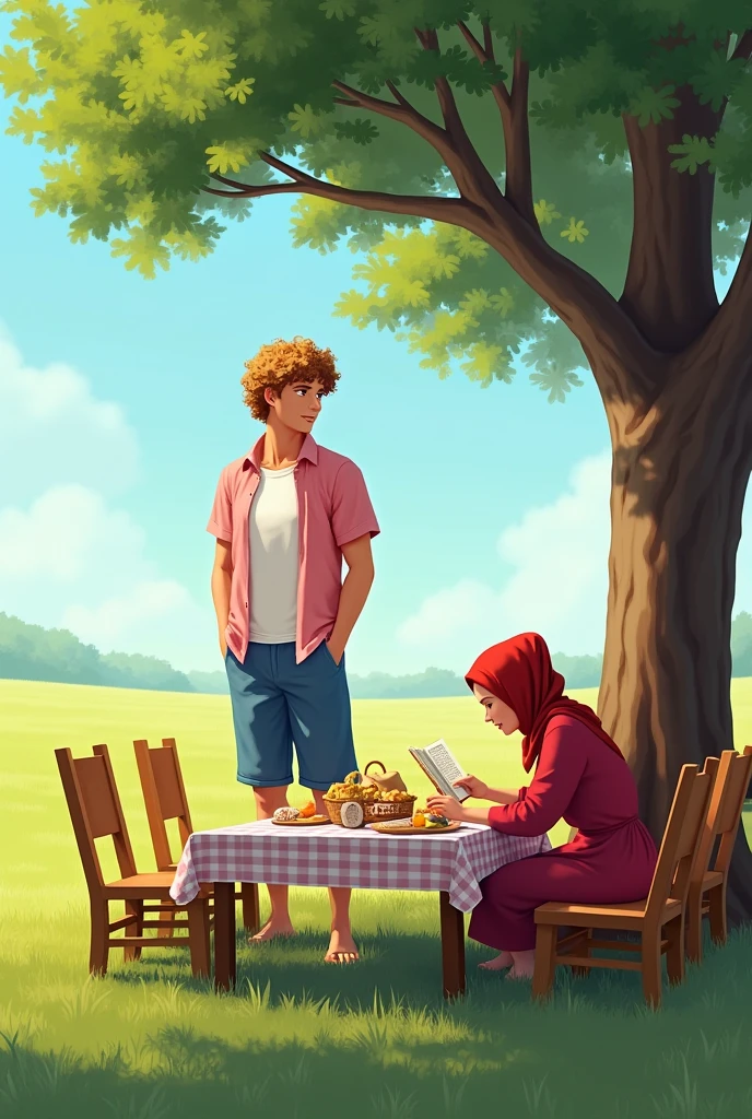 A pair of lovers having a picnic in a wide grass field with sunny weather and blue skies, the man with curly golden brown hair, reddish white skin, ideal body posture and tall, he wears an unbuttoned pink shirt and a white t-shirt. wearing blue knee-length trousers, the man was picking up the food on the table. The picnic table had a white and red checkered cloth with a bag full of food, and there were 4 wooden chairs facing each other. Meanwhile the woman is wearing a red robe and she is wearing a red headscarf and is sitting on a stretch of grass while leaning against a tree while reading a book, this woman's position is not far from the man's. The shot is taken from behind the tree as the woman sits, and the man is visible in front.