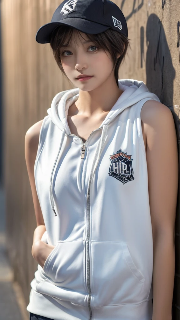 masterpiece, highest quality, Super detailed, 8k, Photorealistic, One girl, alone, Tomboy, Super detailed face, (head shot:1.5), Standing against a wall covered in hip-hop graffiti, White hair color with pixie cut, He is wearing a short tank top and an unzipped hoodie.,The chest is visible,Nice butt,Wearing a New Era cap