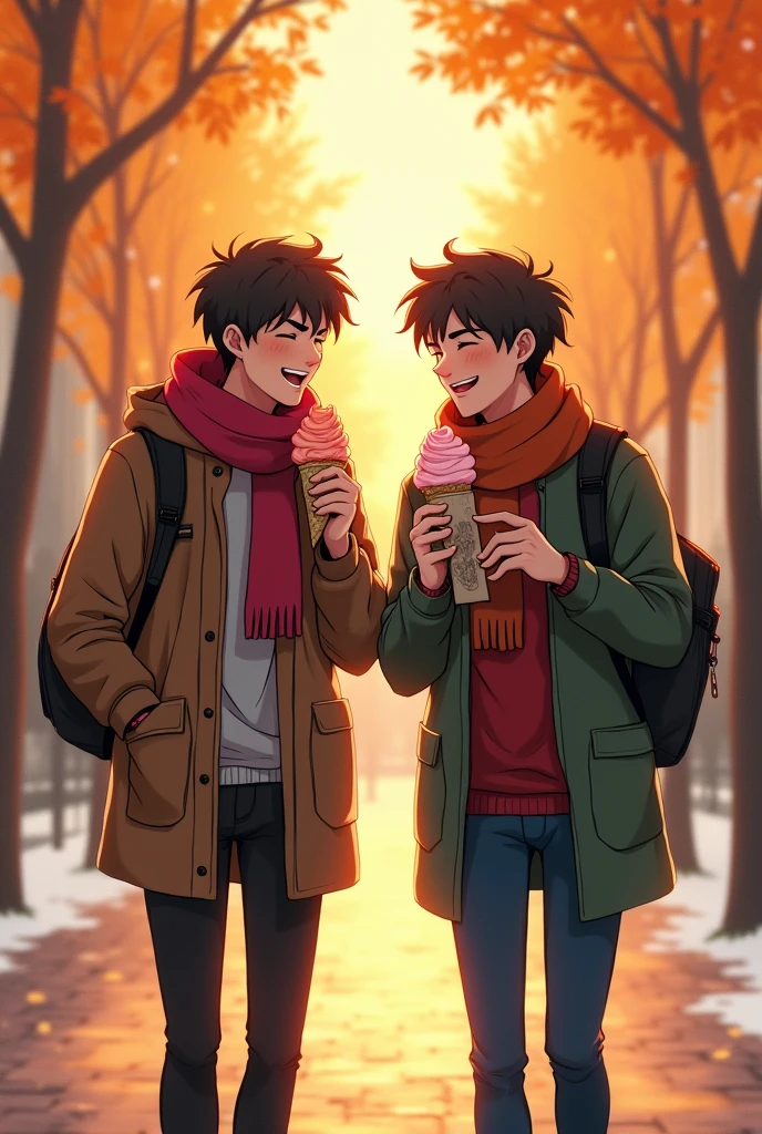 Arthur and Cain walking through the city park, wrapped in scarves and coats, enjoying an ice cream. Both of them are laughing, and Arthur leans slightly towards Cain , who shows him a sketch in his notebook. The afternoon sun filters through the trees, creating a warm and cozy atmosphere that is anime style