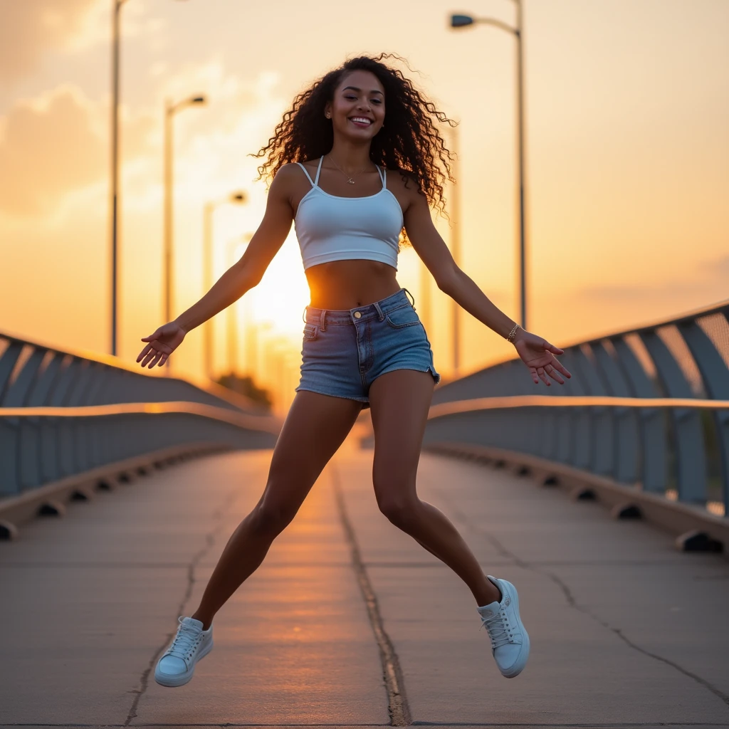Smiling Beautiful biracial latina woman , blue long wavy hair, blue light eyes, large breast, do a jumping jack on a bridge with a sunset behind her, wear a white crop top with a blue jeans shorty, white shoes,Résolution Haute, spread arms, spread legs