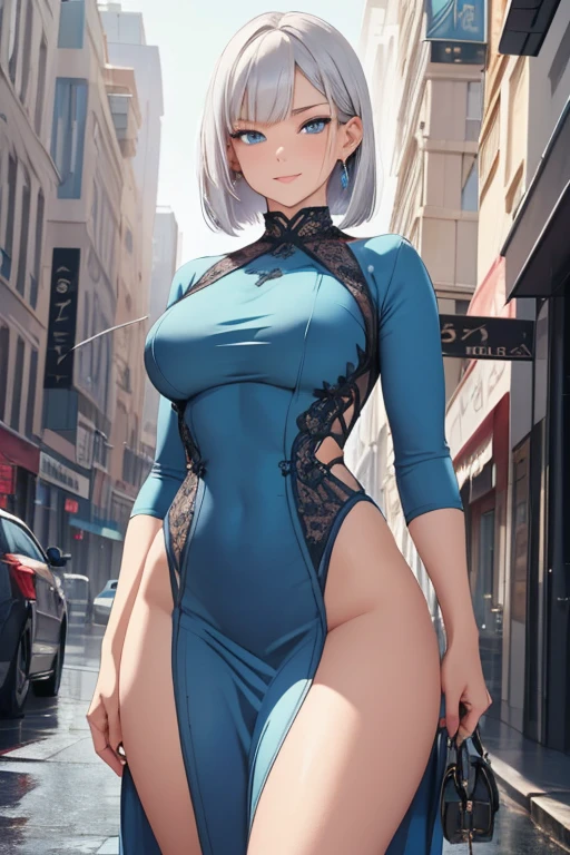 A woman with silvery bob hair and blue eyes, ((She is wearing a tight blue dress)), Cheeky Smile, Condescending look, Gazing at the viewer, Highly detailed and realistic, masterpiece quality, Very detailed, High resolution, Vibrant colors, Physically Based Rendering, (Muscular), (Thick thighs visible through clothes:1.2, Big butt visible through clothes:1.2),in the rain, night, In the city, High-definition background,