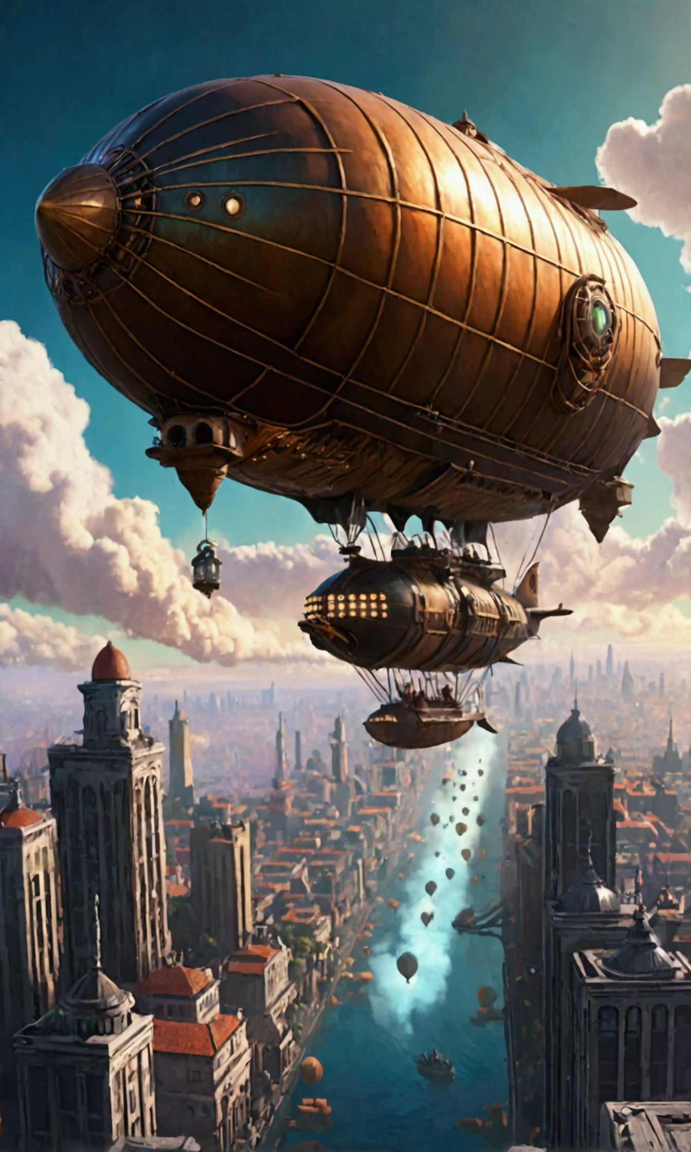 airship flying Over vaporpunk city, vapor, Super detailed