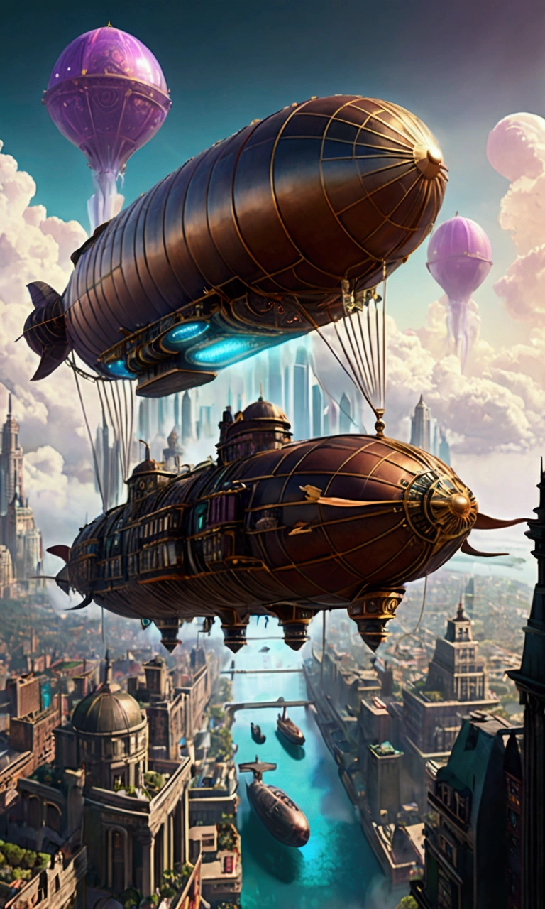 airship flying Over vaporpunk city, vapor, Super detailed