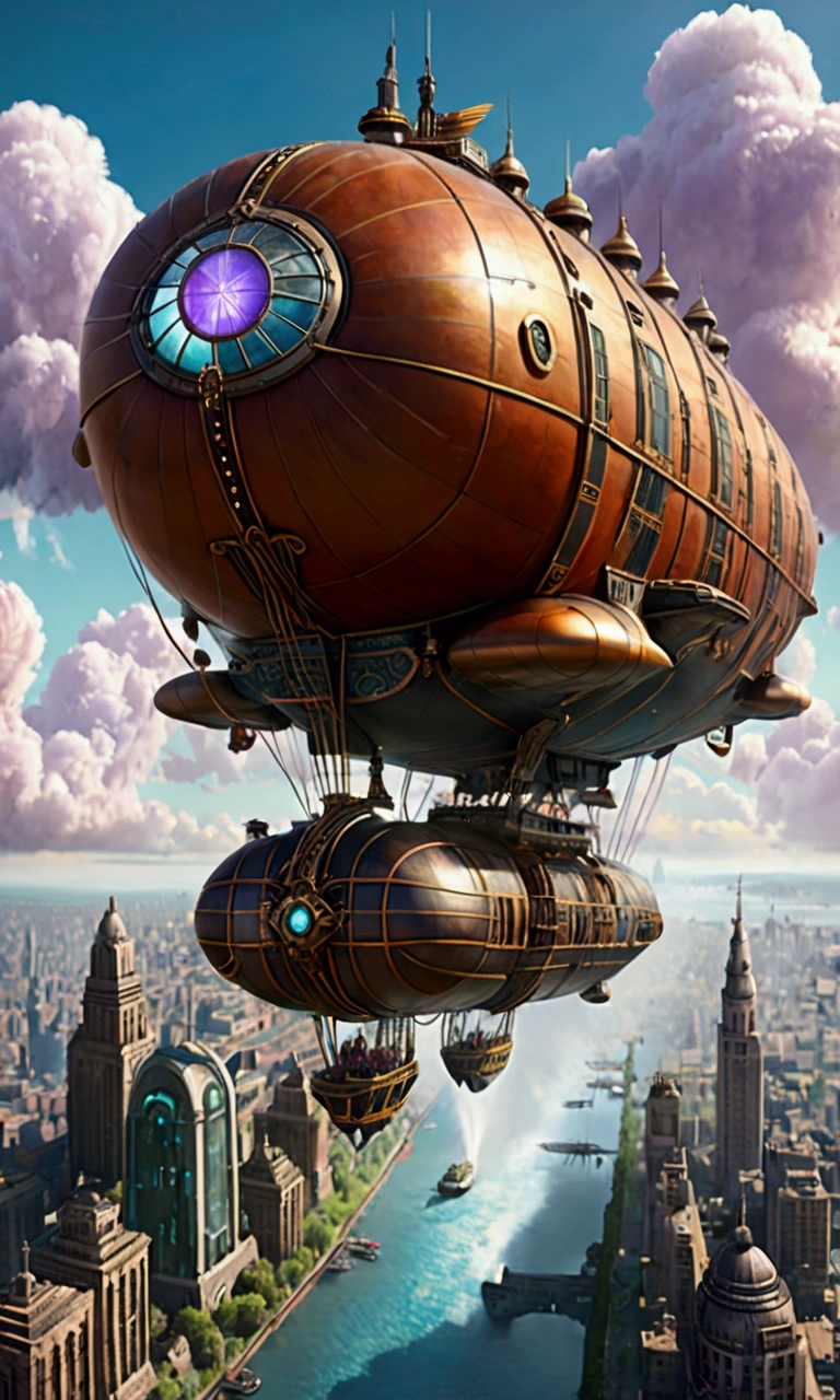 airship flying Over vaporpunk city, vapor, Super detailed