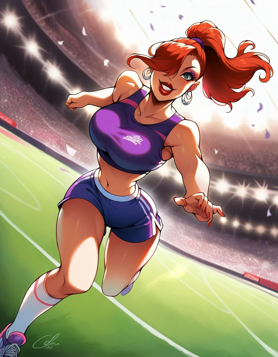 score_9, score_8_up, score_7_up, score_6_up, score_5_up, score_4_up, BREAK, source_anime, 1girl, red hair, long hair, hair over one eye, green eyes, lipstick, makeup, earrings, competition sports, (purple tank top:1.5), (large purple short:1.5), (on the track:1.5), (track and field), (running:1.5). ((action pose)), (Stadium background:1.5), Stadium full of people. Olympics. white trims, best quality, expressive eyes, short ponytail, high ponytail,, realistic BREAK 1girl, solo.  looking at viewer, dutch angle, looking up, smile, (big hips), hourglass body, happy, thigh gap, lips, red lips, lipstick,  BREAK parted lips,nail polish, ((narrow waist)), looking at viewer, thighs, indoors, 