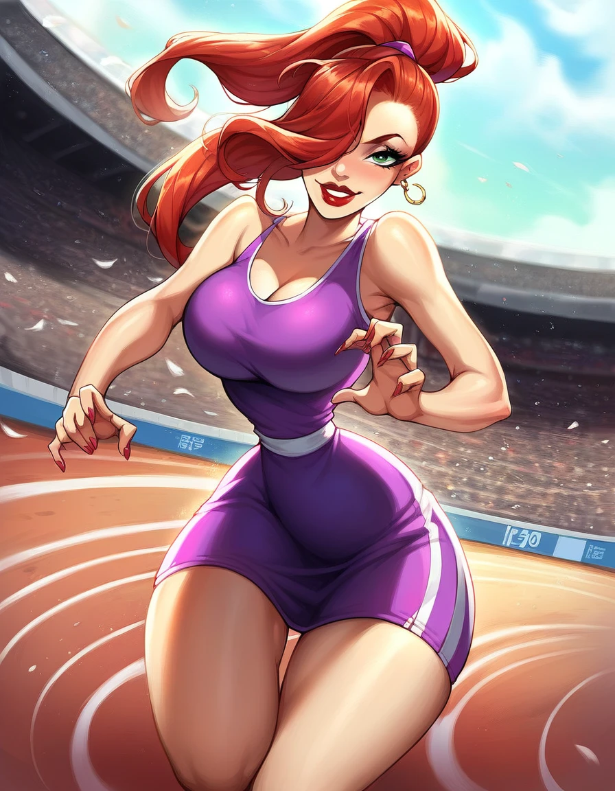 score_9, score_8_up, score_7_up, score_6_up, score_5_up, score_4_up, BREAK, source_anime, 1girl, red hair, long hair, hair over one eye, green eyes, lipstick, makeup, earrings, competition sports, (purple tank top:1.5), (large purple short:1.5), (on the track:1.5), (track and field), (running:1.5). ((action pose)), (Stadium background:1.5), Stadium full of people. Olympics. white trims, best quality, expressive eyes, short ponytail, high ponytail,, realistic BREAK 1girl, solo.  looking at viewer, dutch angle, looking up, smile, (big hips), hourglass body, happy, thigh gap, lips, red lips, lipstick,  BREAK parted lips,nail polish, ((narrow waist)), looking at viewer, thighs, indoors, 