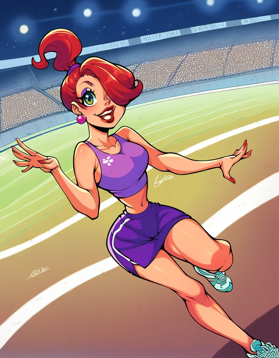 score_9, score_8_up, score_7_up, score_6_up, score_5_up, score_4_up, BREAK, source_anime, 1girl, red hair, long hair, hair over one eye, green eyes, lipstick, makeup, earrings, competition sports, (purple tank top:1.5), (large purple short:1.5), (on the track:1.5), (track and field), (running:1.5). ((action pose)), (Stadium background:1.5), Stadium full of people. Olympics. white trims, best quality, expressive eyes, short ponytail, high ponytail,, realistic BREAK 1girl, solo.  looking at viewer, dutch angle, looking up, smile, (big hips), hourglass body, happy, thigh gap, lips, red lips, lipstick,  BREAK parted lips,nail polish, ((narrow waist)), looking at viewer, thighs, indoors, 