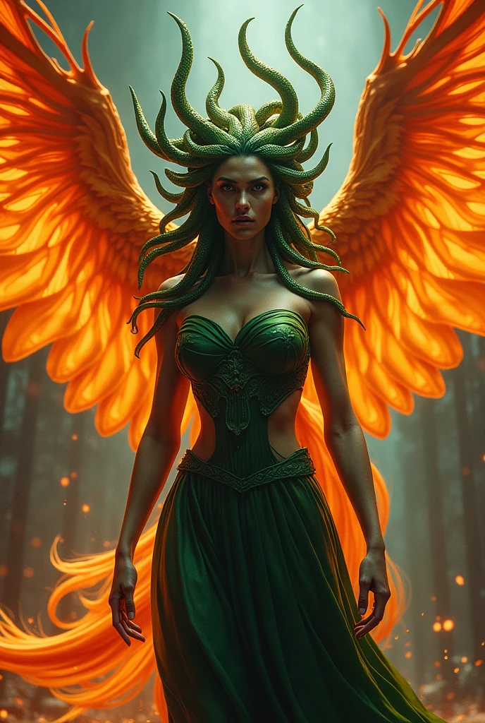 Medusa stands firm, looking straight ahead. Her hair is full of green snakes that stand out clearly, And her expression projects a fearsome figure, Powerful and bold. About her, A majestic phoenix flies with its wings fully extended, Made of vibrant fire, Symbolizing her rebirth. The phoenix is in its entirety, Showing the distinctive crest on her head. The scene is illuminated by dramatic lights that highlight both beings: Medusa as a figure of intimidation and strength, And the phoenix as a radiant symbol of light and fire.
To the phoenix with fire. El fénix con más fuego y que se vea 🗣️‼️ MAS FUEGOOOO MUCHO MAS FUEGOOOOO MAS SERPIENTES QUE SE NOTEEEN