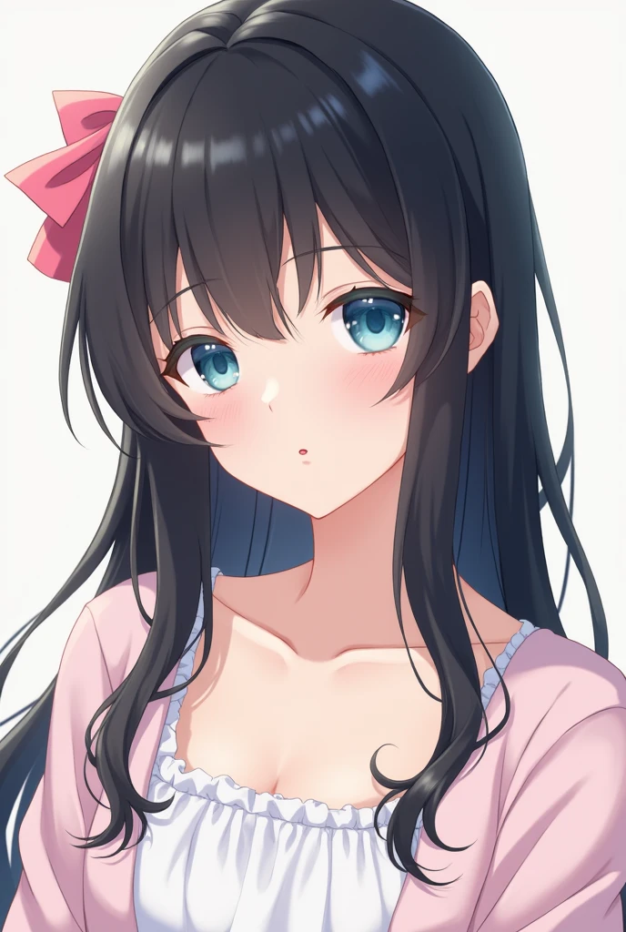 white woman with long black hair, bangs, blue eyes, pink bow in her hair, neutral expression, photo showing only her bust, white and pink clothes estilo anime