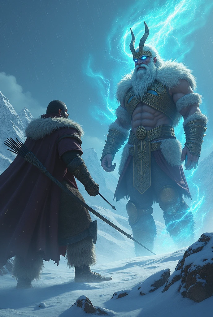 Norse god Ullr stumbles back, momentarily blinded by Loki's magic