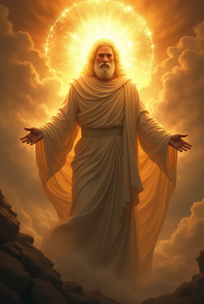 Create an image of the God of the Bible using as a basis all the times the Christian Bible described his physical appearance.. Do not use any features influenced by culture or media (like long white hair, e barba)