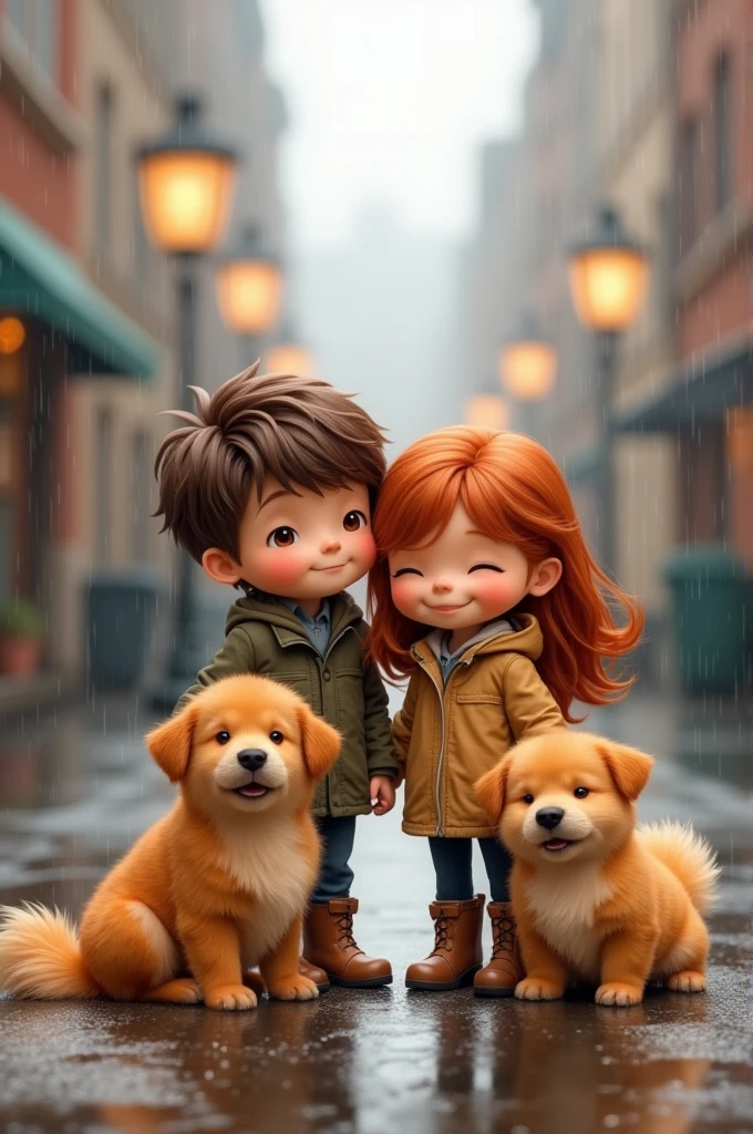 boy next to a caramel dog, a girl next to a caramel dog on a street wet with rain