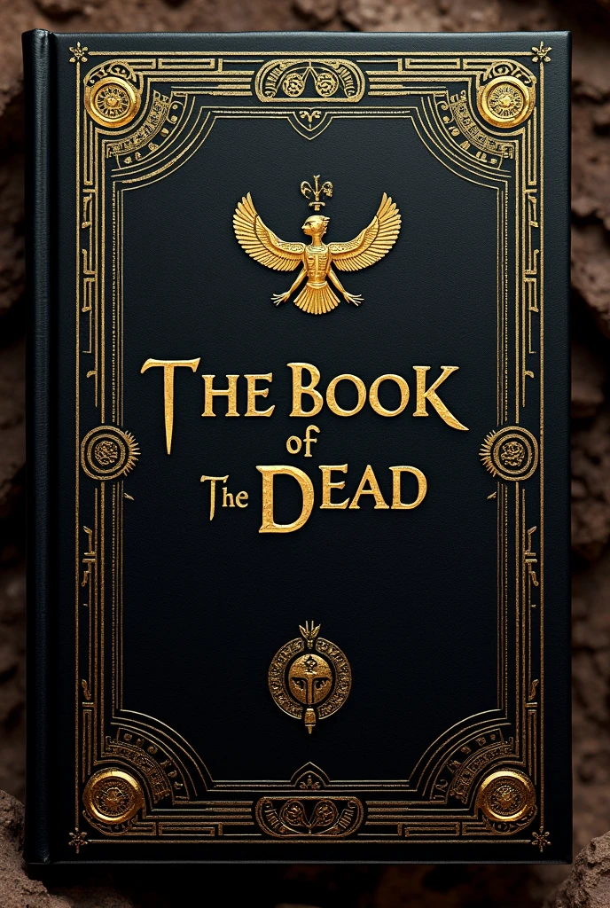 Please make the cover of the "Book of the Dead" from ancient egypt , You need to put the title, preferably a black background with Egyptian details in yellow that reflect the tomb of the mummies, the title in Egyptian hieroglyphics.