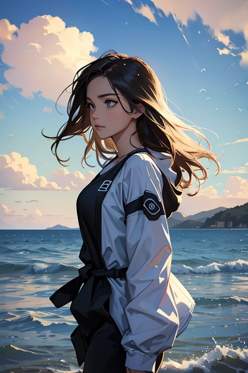a girl 30 years old standing under a bright sky with clouds, viewed from a low angle. adding a sense of mystery. Their hair is windswept and wet, suggesting they have just emerged from water or rain. They are wearing athletic or adventure gear with straps over the shoulders. The overall tone of the image conveys a sense of action and intensity, with light and shadow playing on the person’s skin and clothing.