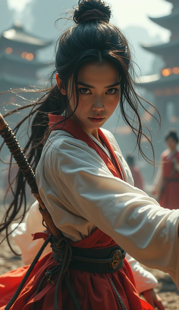 Highest quality 8K Japanese Beautiful Girl Fantastic World Fantastic costumes Fantastic Background Long shot whole body Fantastic Building Fighting stance Sweat gushing forth Disheveled Hair heavy breathing Carrying a weapon The figures are small