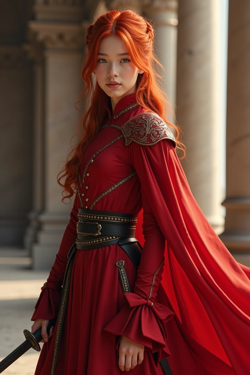 A young red-haired swordswoman in the service of a righteous king. unselfish, sensitive delicate and feminine, but also persistent,fair, courageous and loyal like a warrior, her suit may not be armor, but rather a scarlet red suit , showing not only strength, but also great beauty
