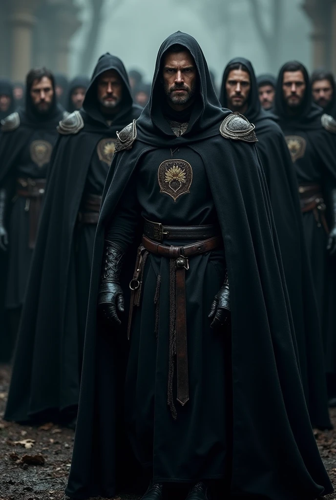 A group of men in black medieval clothing with a badge that says hunter