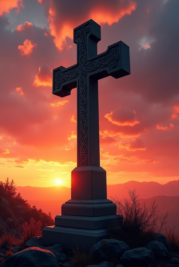Dark cross with a sunset in the background