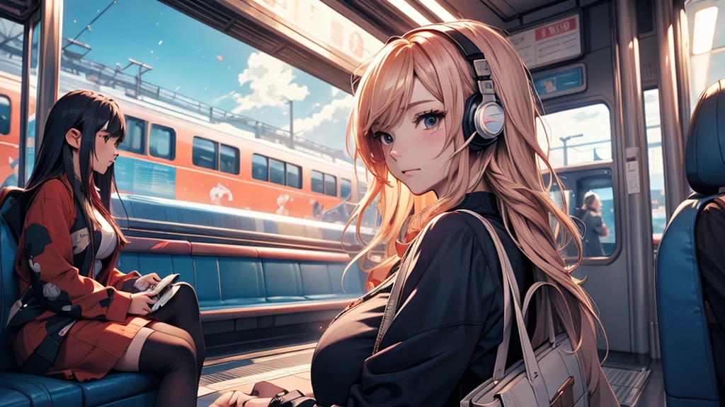 A woman wearing headphones, Anime Style 4 k, anime wallpaper 4k, anime wallpaper 4k, 4k anime wallpaper, anime art wallpaper 4k, anime art wallpaper 4k, Anime Style. 8k, Anime atmosphere, Ultra HD Anime Wallpaper, Anime Art Wallpaper 8K, Anime Background、train、trainの中、trainに乗っている、train、trip