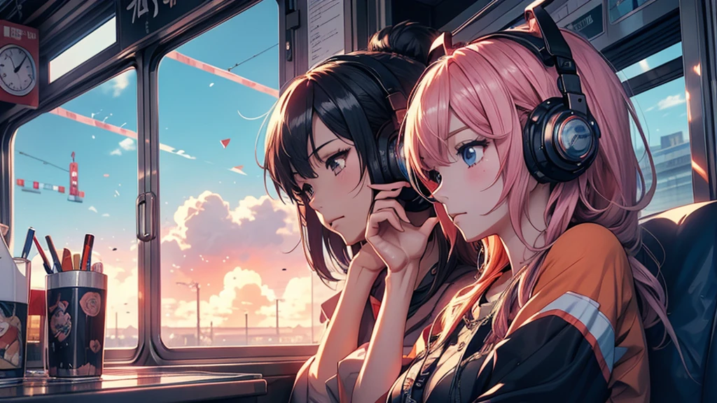 A woman wearing headphones, Anime Style 4 k, anime wallpaper 4k, anime wallpaper 4k, 4k anime wallpaper, anime art wallpaper 4k, anime art wallpaper 4k, Anime Style. 8k, Anime atmosphere, Ultra HD Anime Wallpaper, Anime Art Wallpaper 8K, Anime Background、train、trainの中、trainに乗っている、train、trip