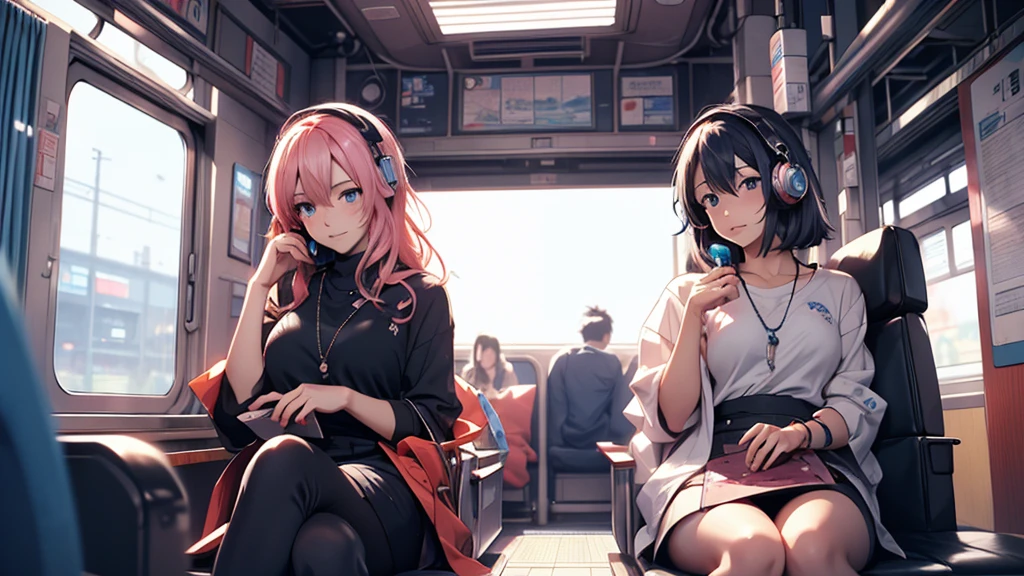 A woman wearing headphones, Anime Style 4 k, anime wallpaper 4k, anime wallpaper 4k, 4k anime wallpaper, anime art wallpaper 4k, anime art wallpaper 4k, Anime Style. 8k, Anime atmosphere, Ultra HD Anime Wallpaper, Anime Art Wallpaper 8K, Anime Background、train、trainの中、trainに乗っている、train、trip
