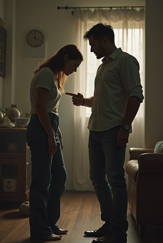 A man criticizing his partner's style of dress,  that the man is yelling at her pointing at her clothes and the woman is with her head down and sad