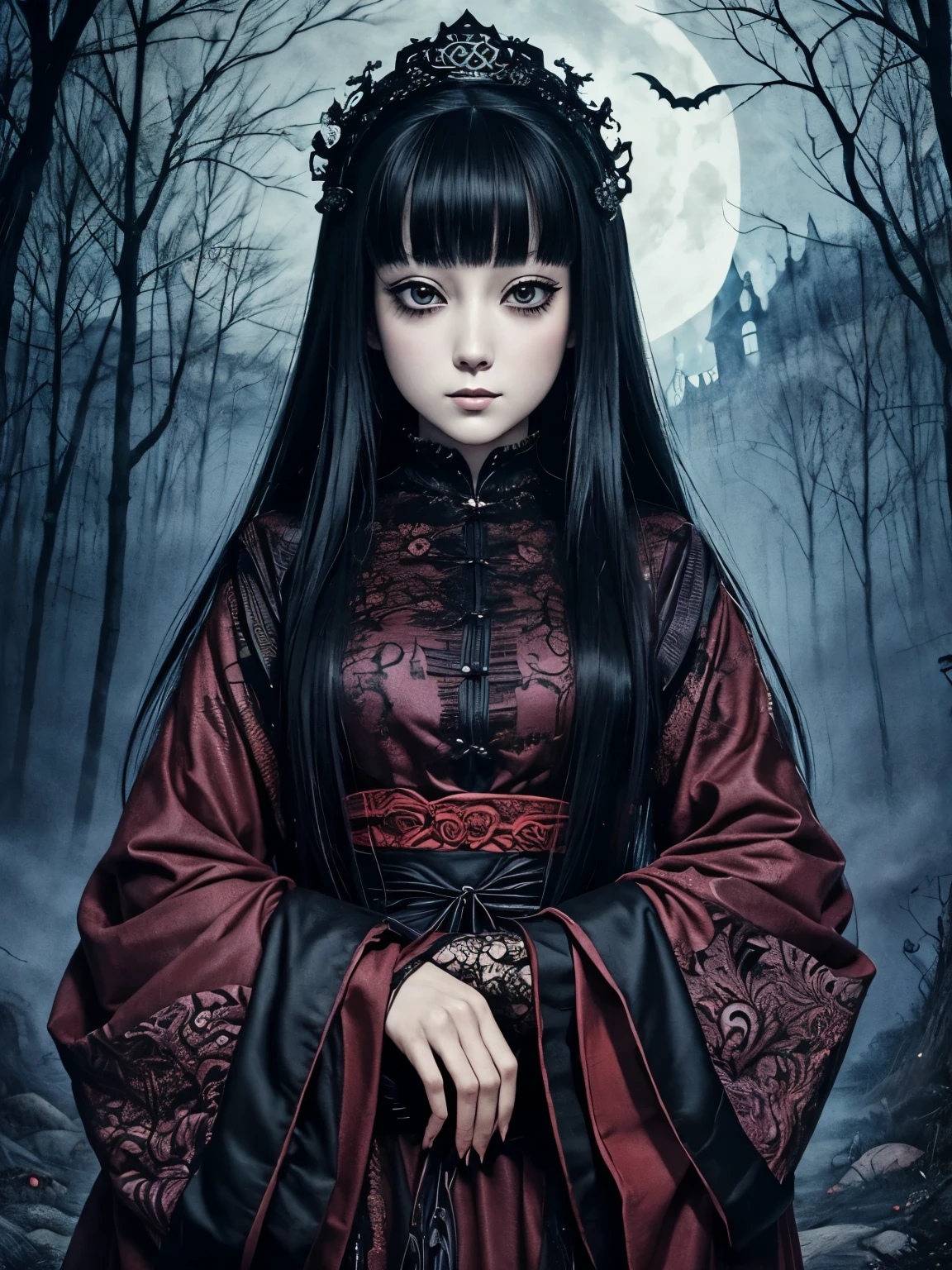 A beautiful and enchanting girl painting, Countless monsters are squirming behind me.、Anxious, Spooky, dark, noble,suspicious、Written by Junji Ito、A beautiful woman、Villainess、Japanese and Western、Unique and stylish hairstyle