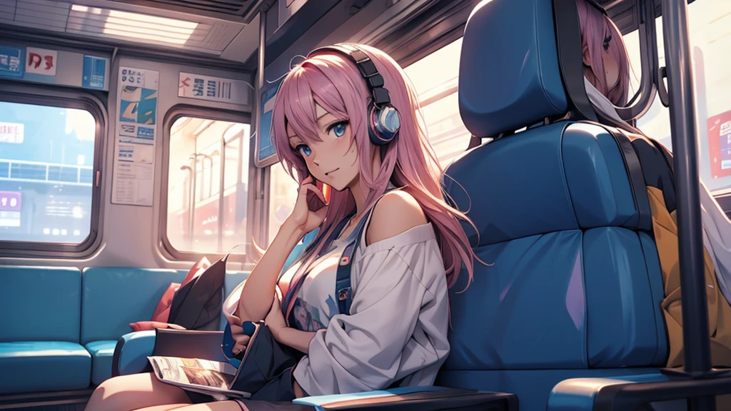 A woman wearing headphones, Anime Style 4 k, anime wallpaper 4k, anime wallpaper 4k, 4k anime wallpaper, anime art wallpaper 4k, anime art wallpaper 4k, Anime Style. 8k, Anime atmosphere, Ultra HD Anime Wallpaper, Anime Art Wallpaper 8K, Anime Background、train、trainの中、trainに乗っている、train、trip