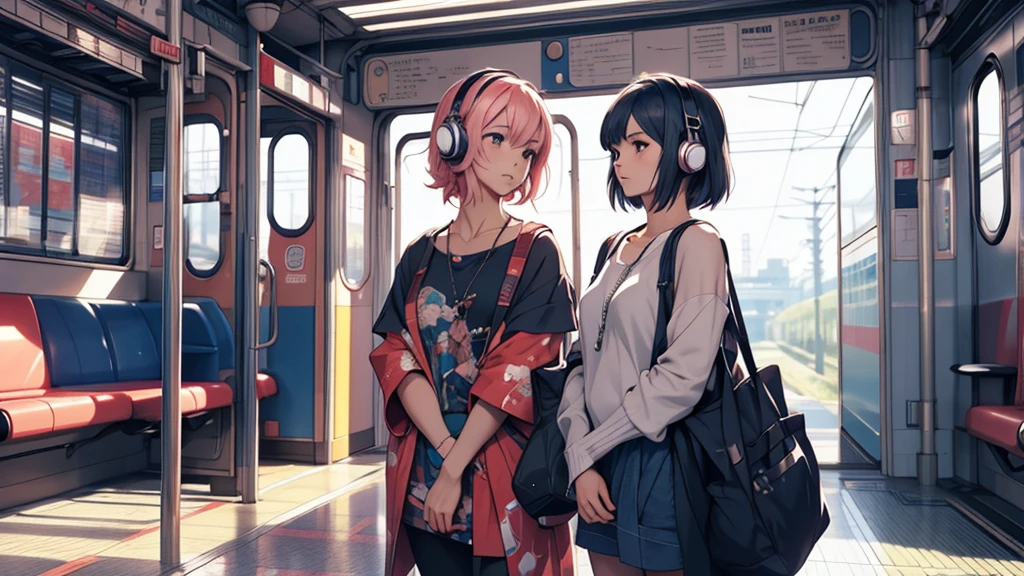 A woman wearing headphones, Anime Style 4 k, anime wallpaper 4k, anime wallpaper 4k, 4k anime wallpaper, anime art wallpaper 4k, anime art wallpaper 4k, Anime Style. 8k, Anime atmosphere, Ultra HD Anime Wallpaper, Anime Art Wallpaper 8K, Anime Background、train、trainの中、trainに乗っている、train、trip