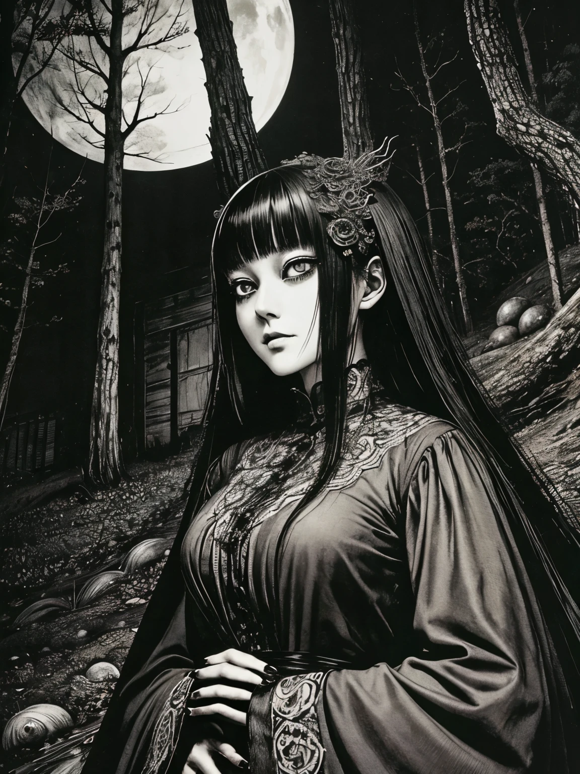 A beautiful and enchanting girl painting, Countless monsters are squirming behind me.、Anxious, Spooky, dark, noble,suspicious、Written by Junji Ito、A beautiful woman、Villainess、Japanese and Western、Unique and stylish hairstyle